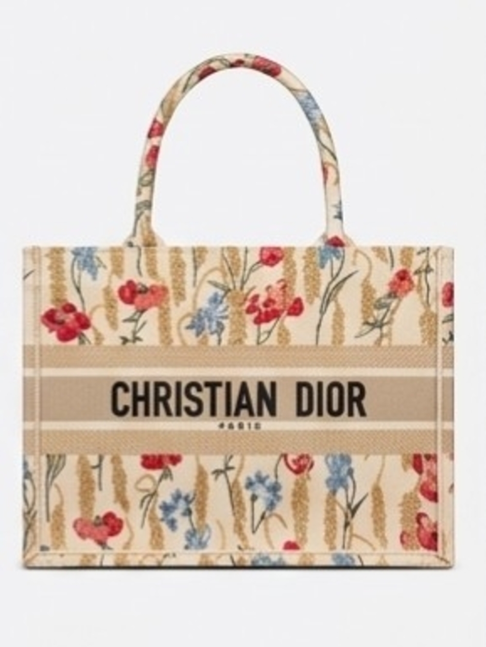 Dior Floral Canvas Tote in Beige with Red & Blue Flowers